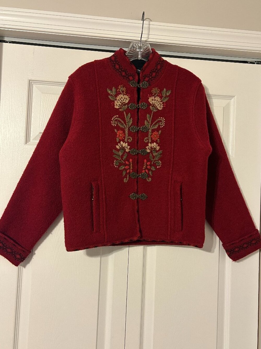 Icelandic Design Sz S Dark Red Floral Embroidered Lined Wool Cardigan Jacket